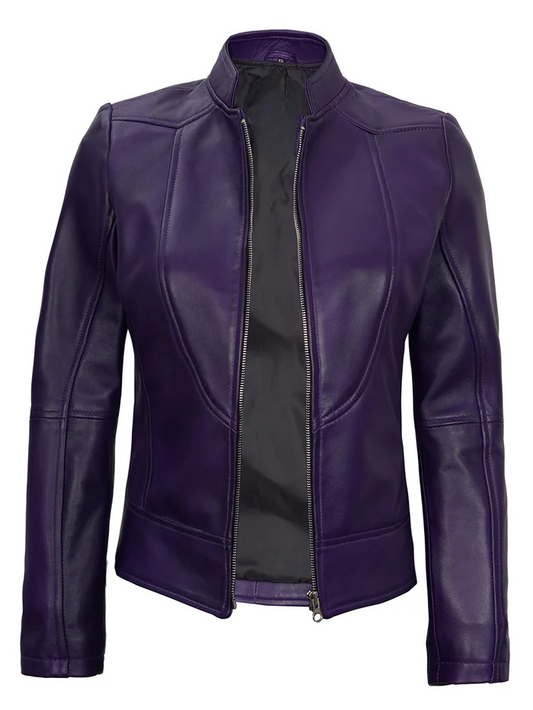 Amy Women's Purple Cafe Racer Leather Jacket - Front Open View