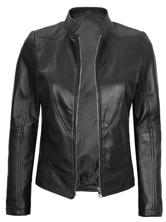 Amy Women's Black Cafe Racer Leather Jacket - Front View