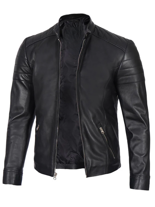 Nero Men's Black Cafe Racer Leather Jacket - Front Open View
