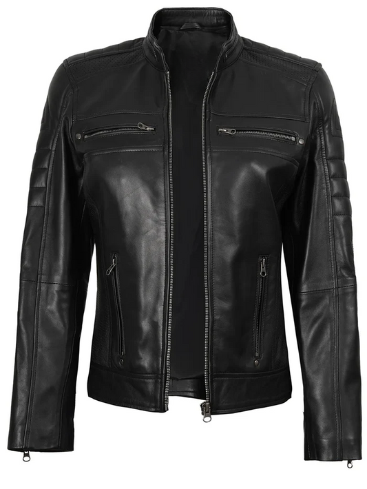 Zara Women's Black Cafe Racer Leather Jacket - Front View