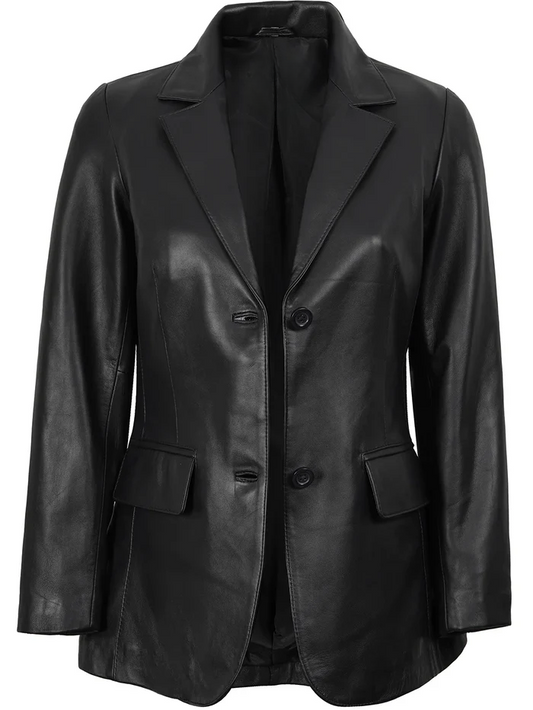 Harper Women's Black Leather Blazer - Front View