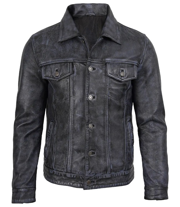 Outlaw Men's Black Washed Leather Trucker Jacket - Front Closed View