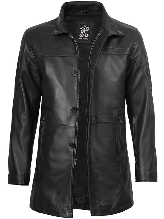 Bristol men's black lambskin leather car coat, front view