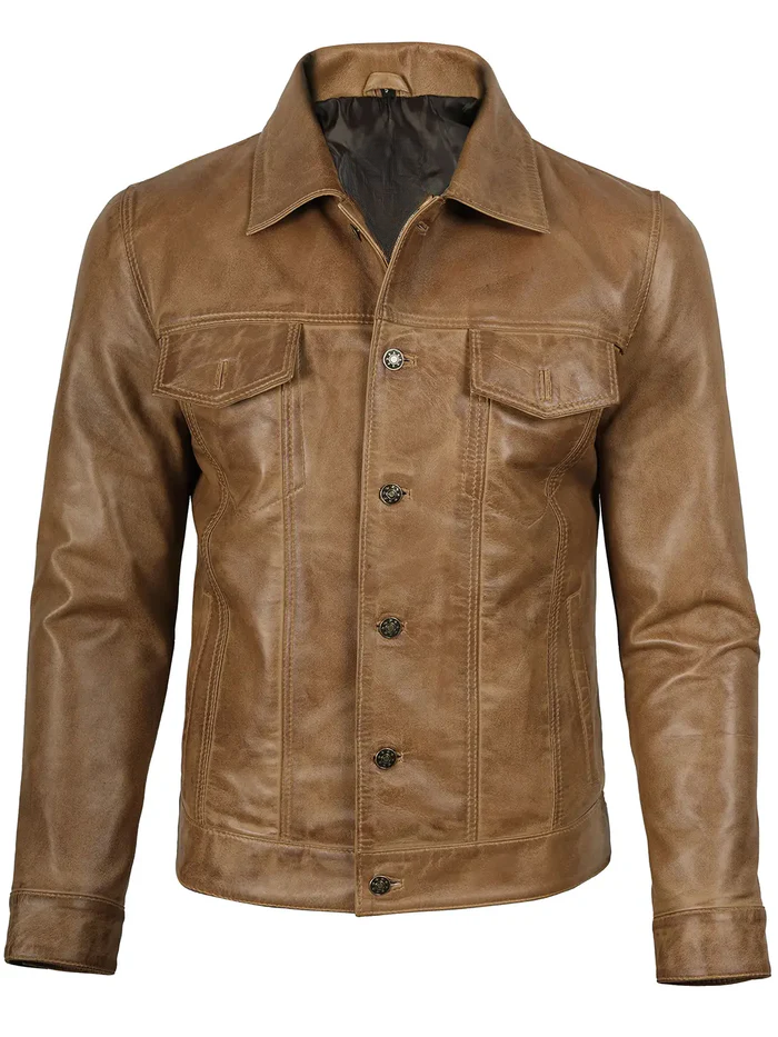 Fernando Men's Camel Brown Leather Trucker Jacket - Side View