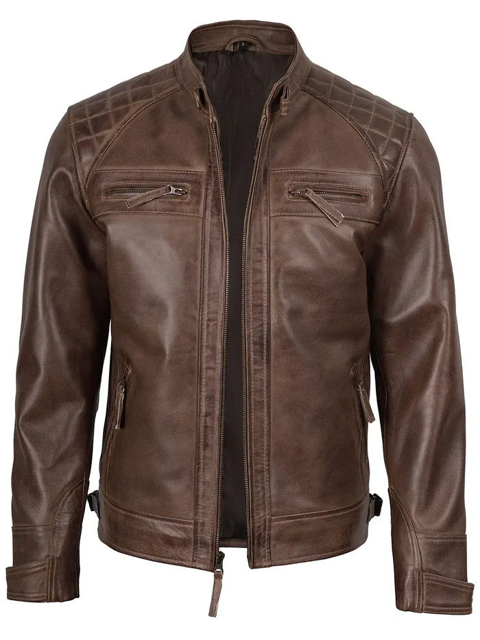 Cacao Men's Chocolate Brown Cafe Racer Leather Jacket - Detail View
