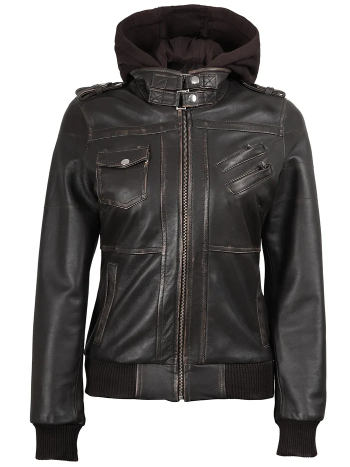 Blaze Women's Dark Brown Hooded Bomber Leather Jacket - Back View