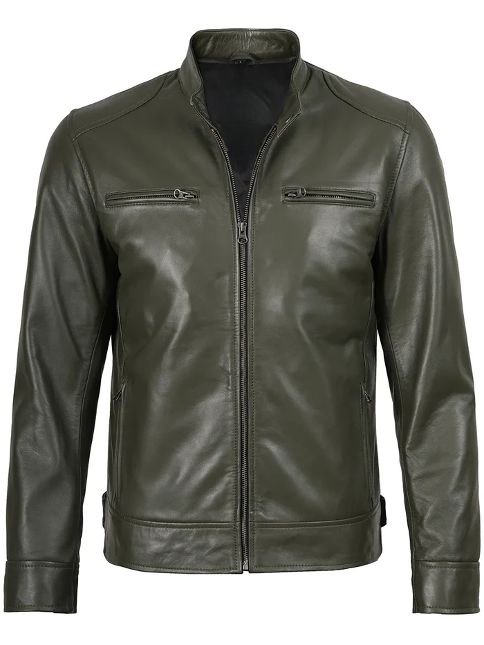 Dodge Men's Green Cafe Racer Leather Jacket - Front Open View