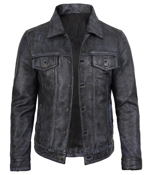 Outlaw Men's Black Washed Leather Trucker Jacket - Front View