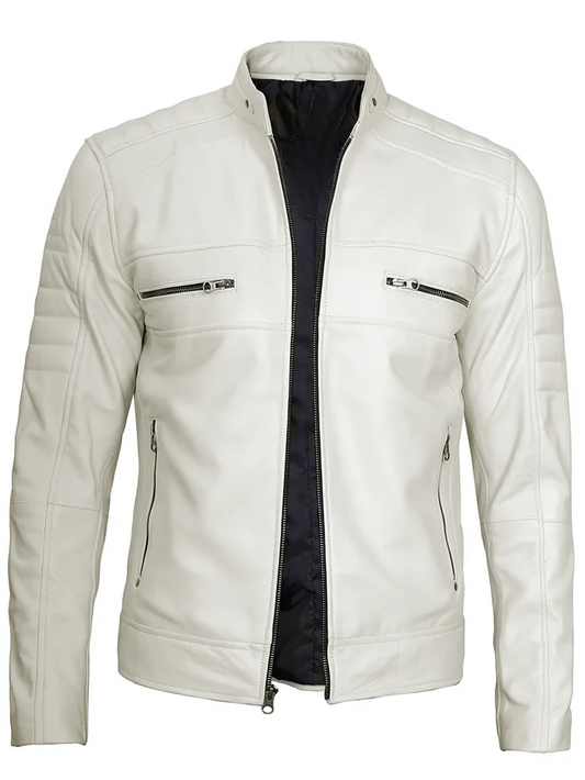 Blanco Men's White Cafe Racer Leather Jacket - Front View