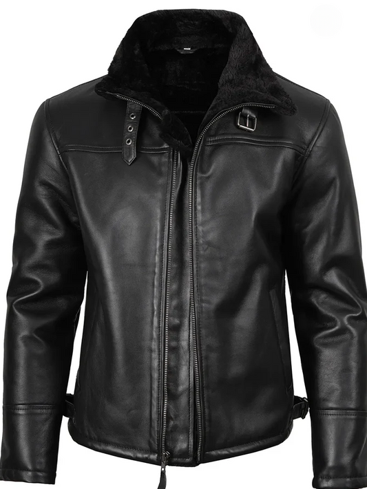 Pilot Men's Black Shearling Leather Jacket - Front View