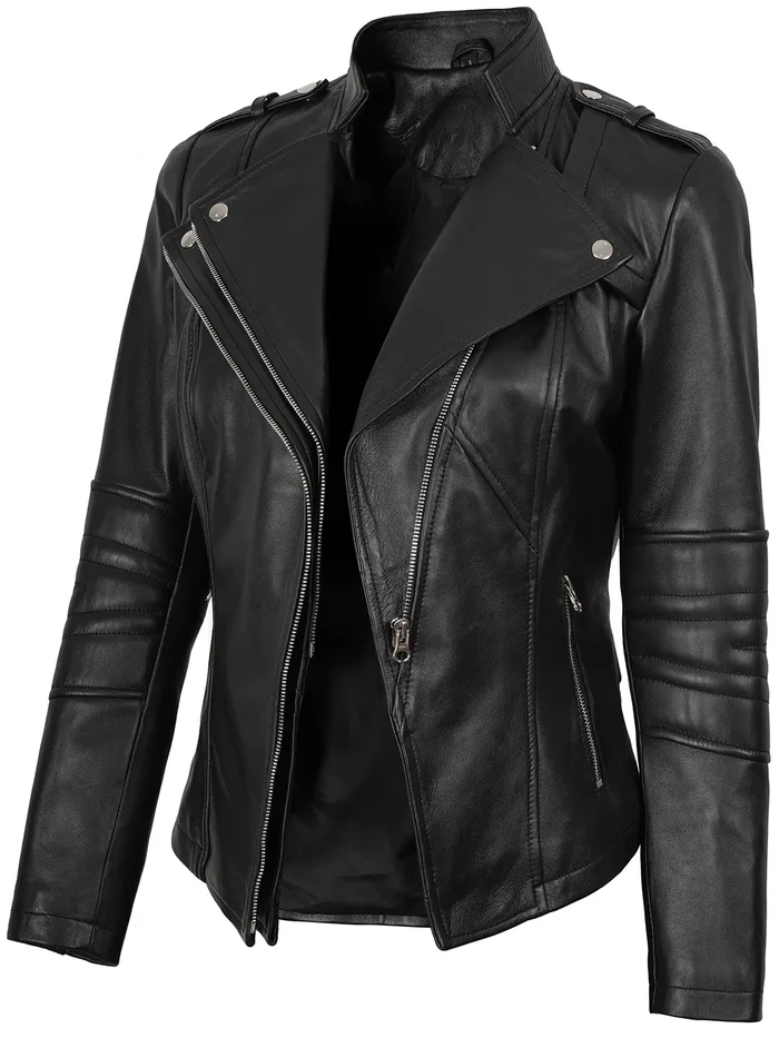 Monica Women's Black Asymmetric Moto Leather Jacket - Detail View