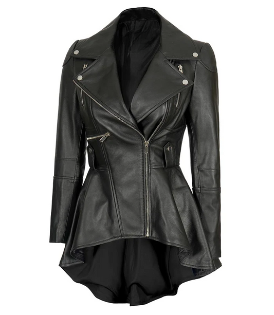 Reign Women's Black Asymmetric Peplum Biker Leather Jacket - Side View