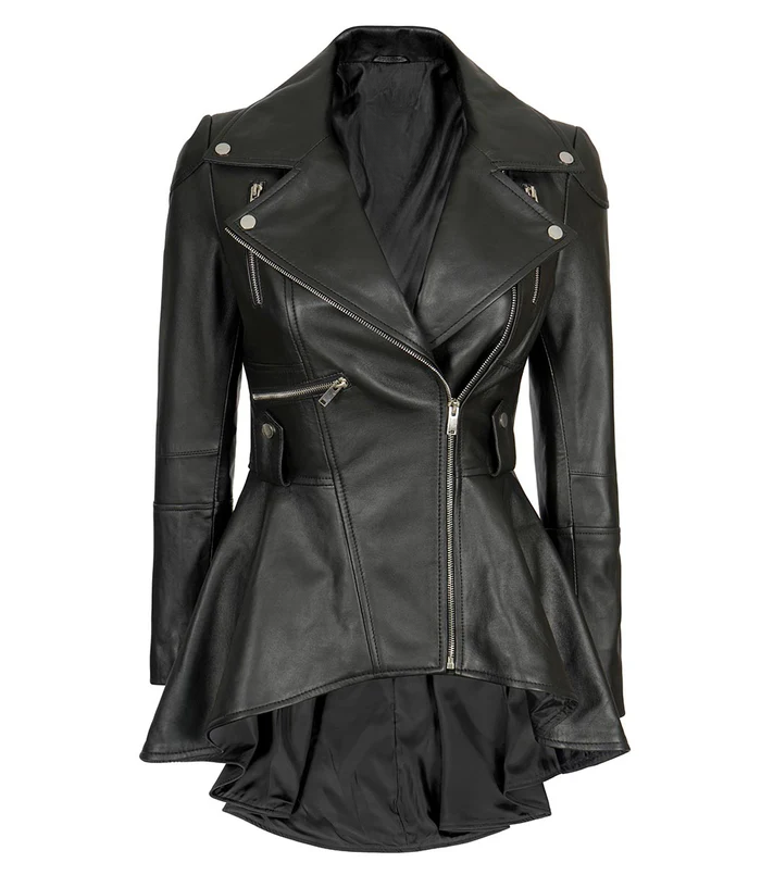 Reign Women's Black Asymmetric Peplum Biker Leather Jacket - Detail View