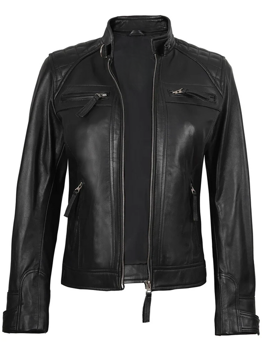 Johnson Women's Black Quilted Biker Leather Jacket - Front View