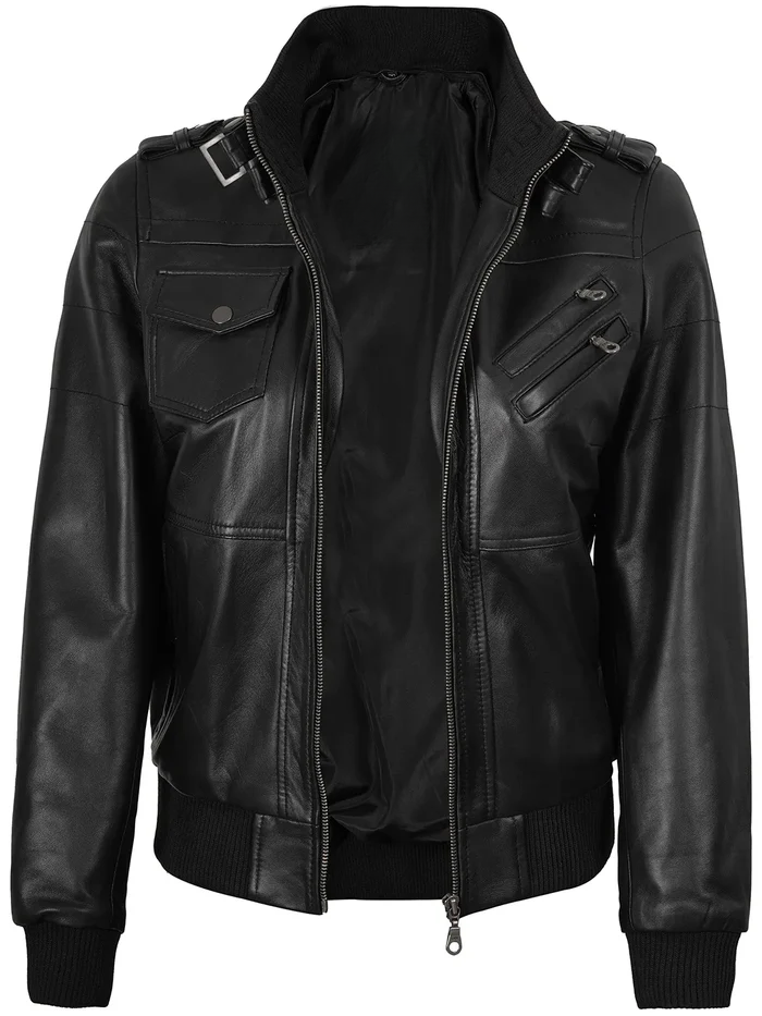 Blaze Women's Black Hooded Bomber Leather Jacket - Front View
