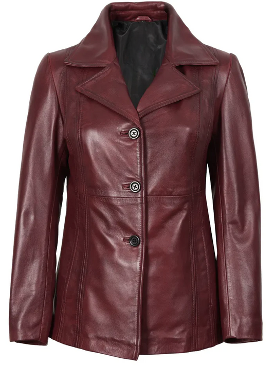 Blair Women's Burgundy Leather Blazer - Front Open View