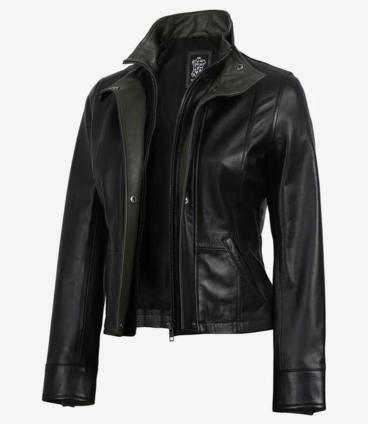 Avery women's black cropped leather jacket with olive contrast collar, angled open front view