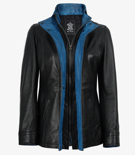 Skye women's black leather jacket, front view unzipped
