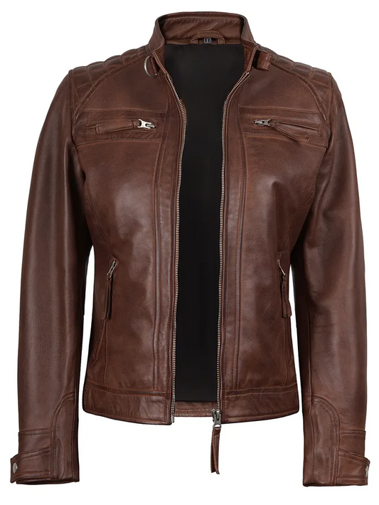 Johnson Women's Brown Quilted Biker Leather Jacket - Front Open View