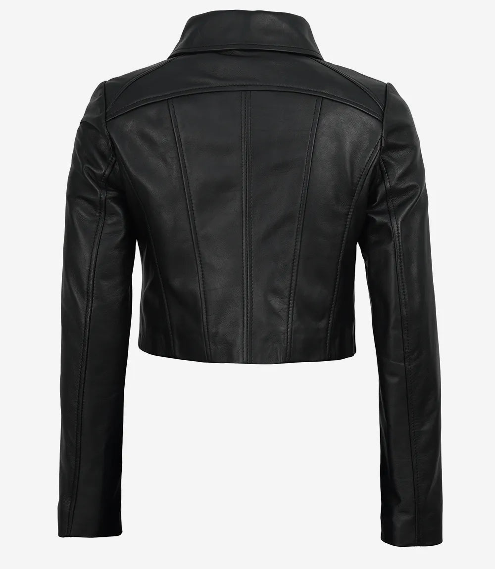 Back of Cora women's black cropped leather jacket showing shoulder yoke and shaped panel seams