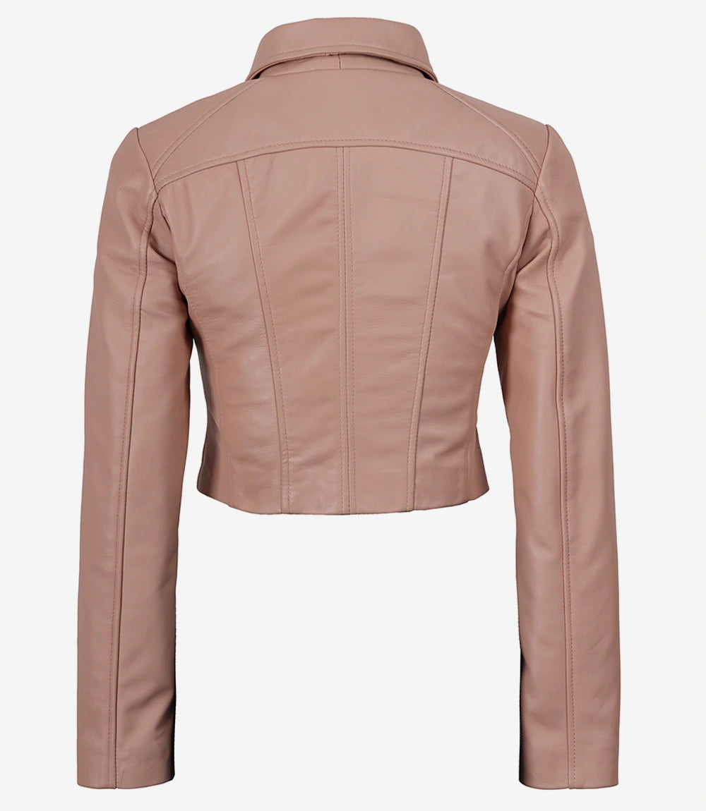 Back of Cora women's blush pink cropped leather jacket showing shoulder yoke and shaped panel seams