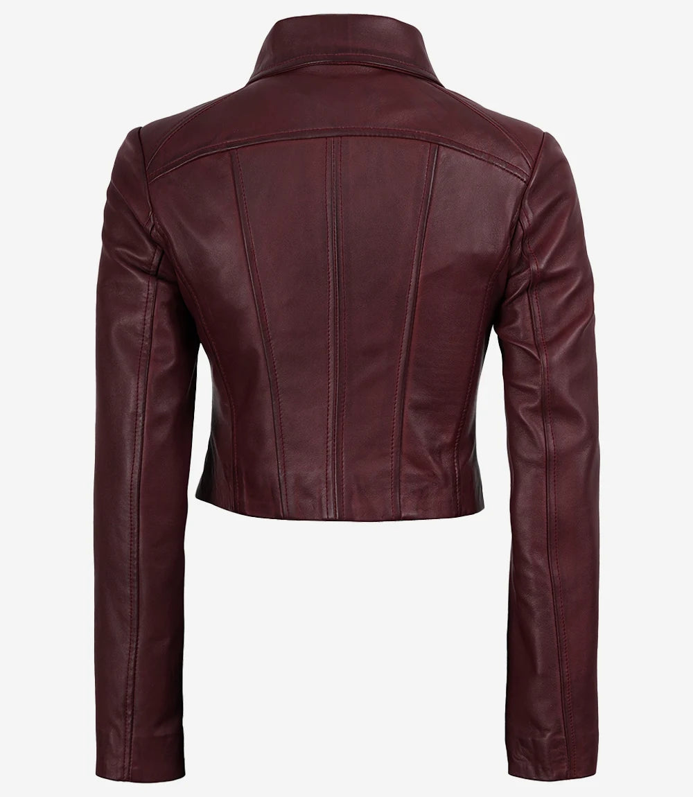 Back of Cora women's burgundy cropped leather jacket showing shoulder yoke and shaped panel seams