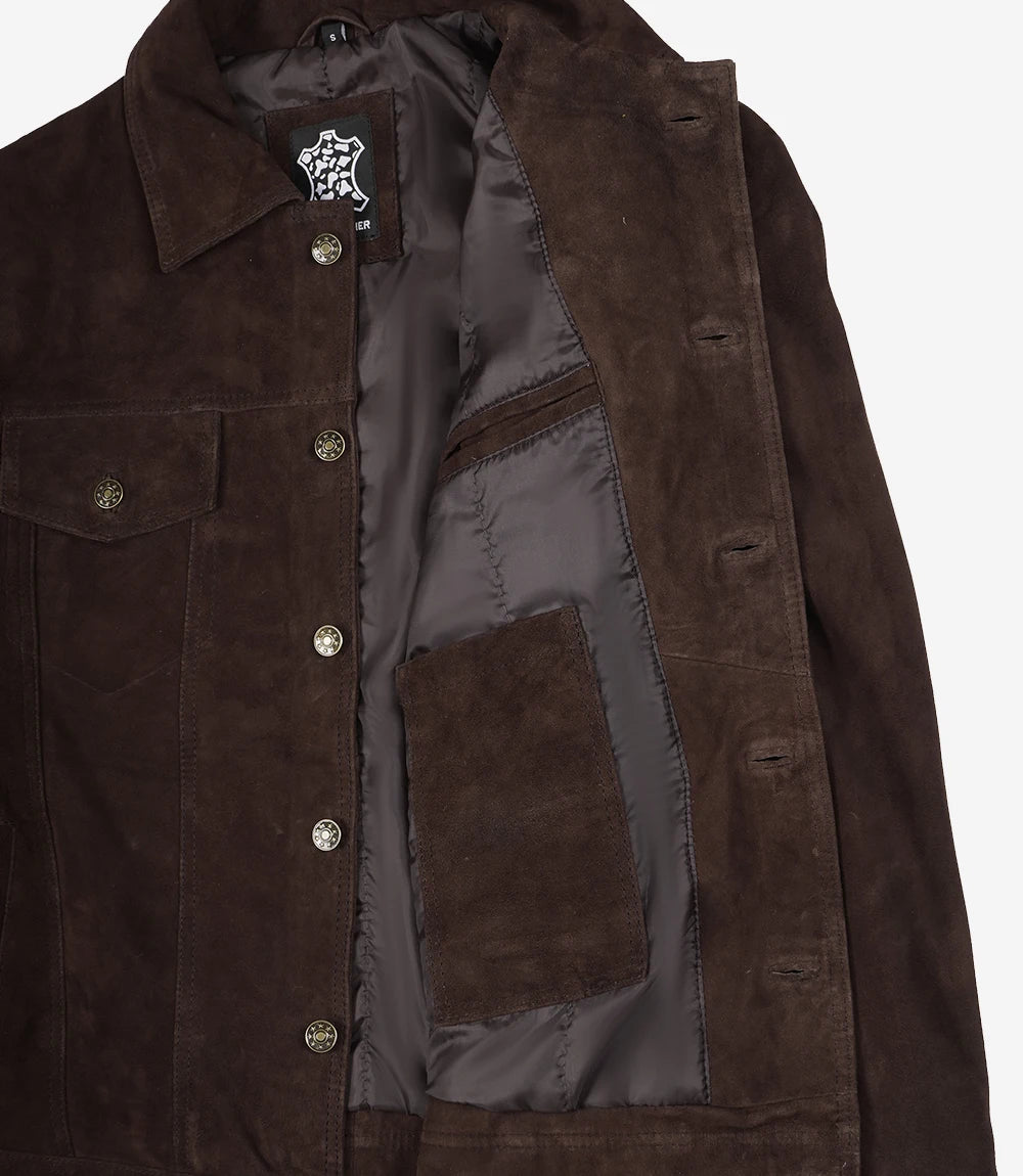 Men's Dark Brown Suede Trucker Jacket - Full Length
