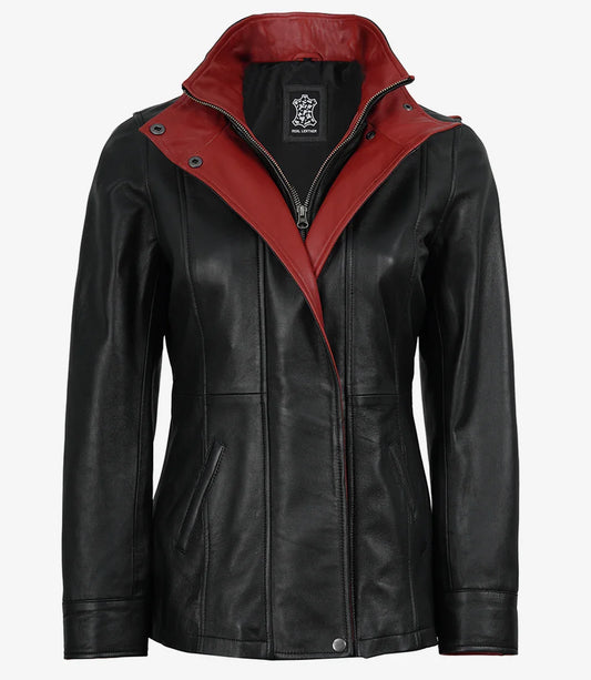Ruby women's black leather jacket, front view with red trim