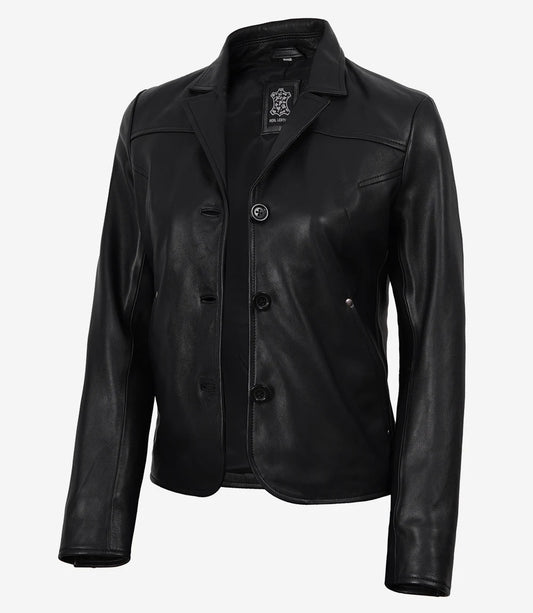 Esme women's black short leather blazer, angled open front view with notch lapels