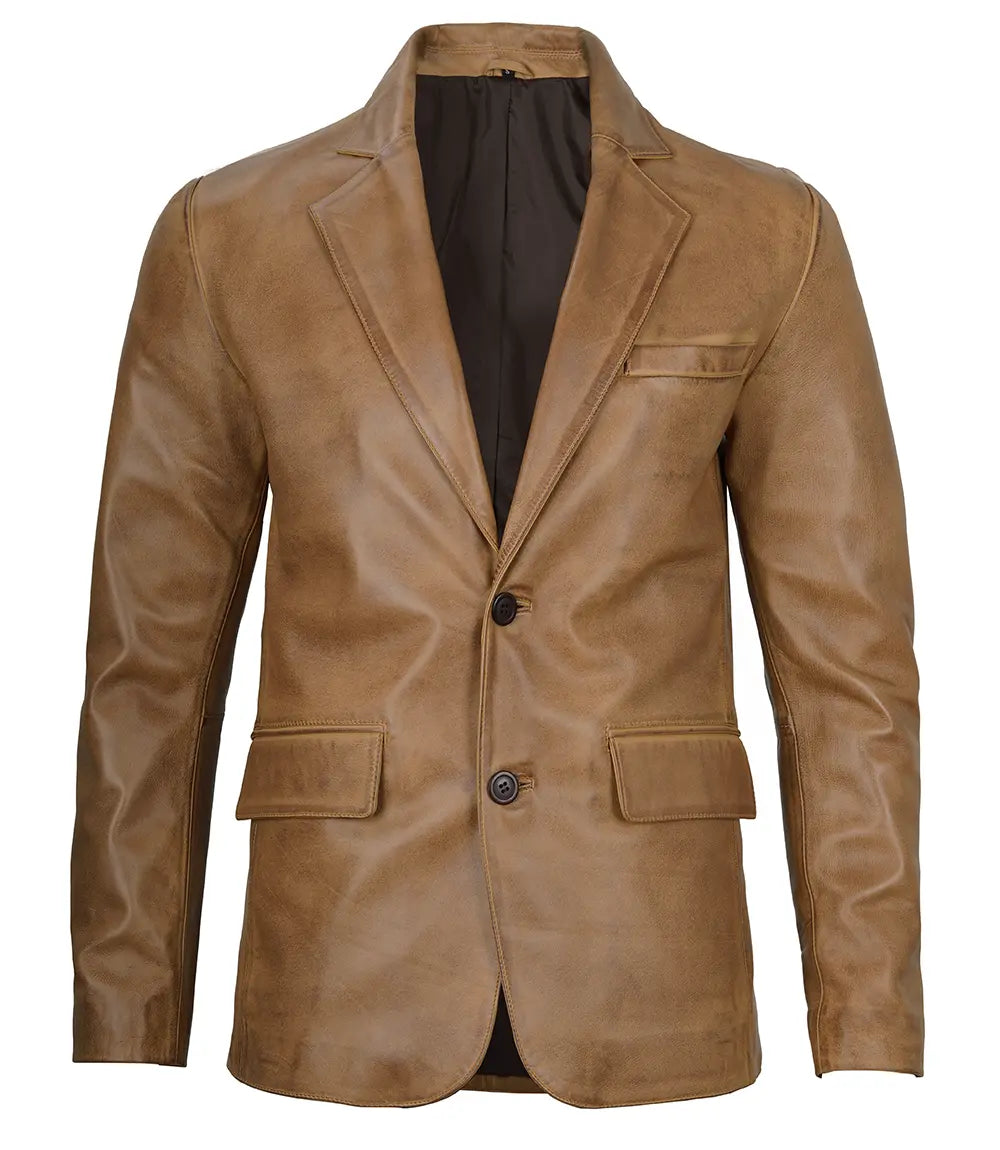 Men's camel leather blazer by NSM Jackets, side angle views