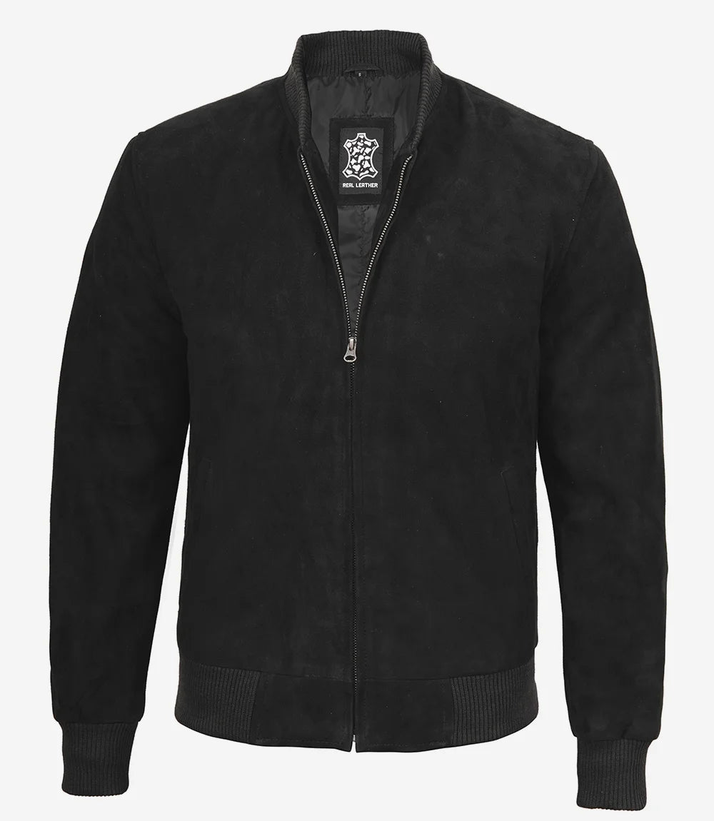 Men's Black Suede Bomber Jacket - Full View