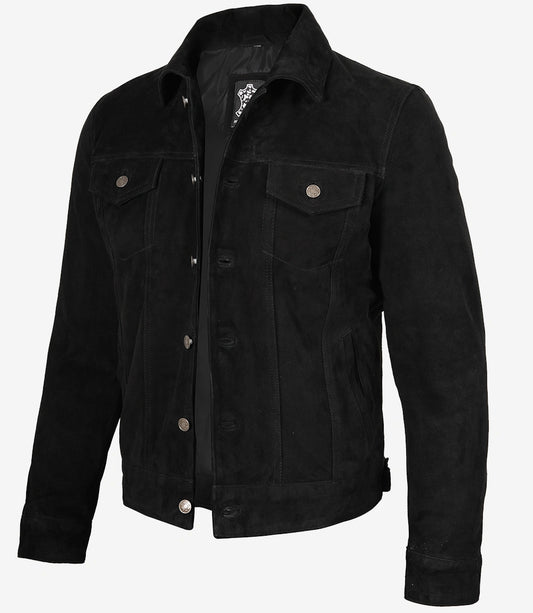 Men's Black Suede Leather Trucker Jacket - Front View