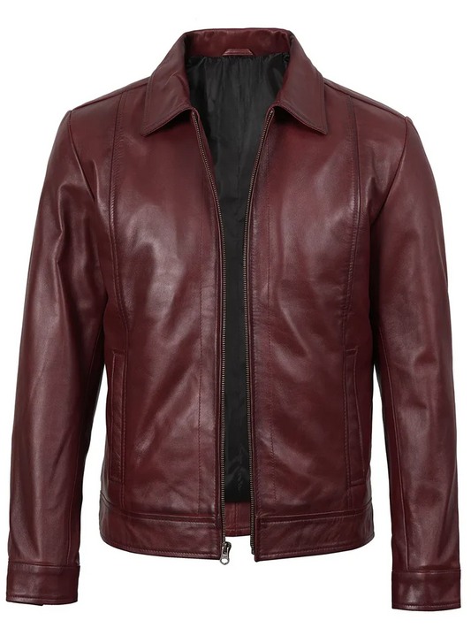Harlow Men's Burgundy Leather Jacket - Front Open View