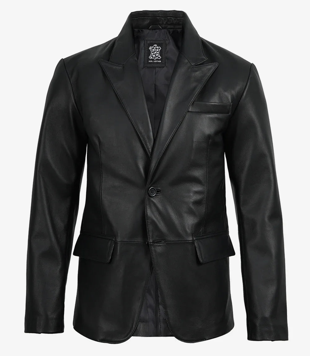 Men's black lambskin leather blazer, front view close-up