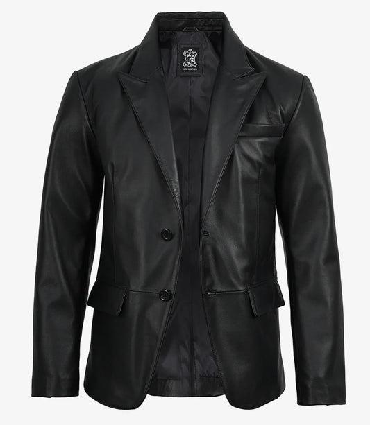 Baron men's black leather blazer, front view, buttoned