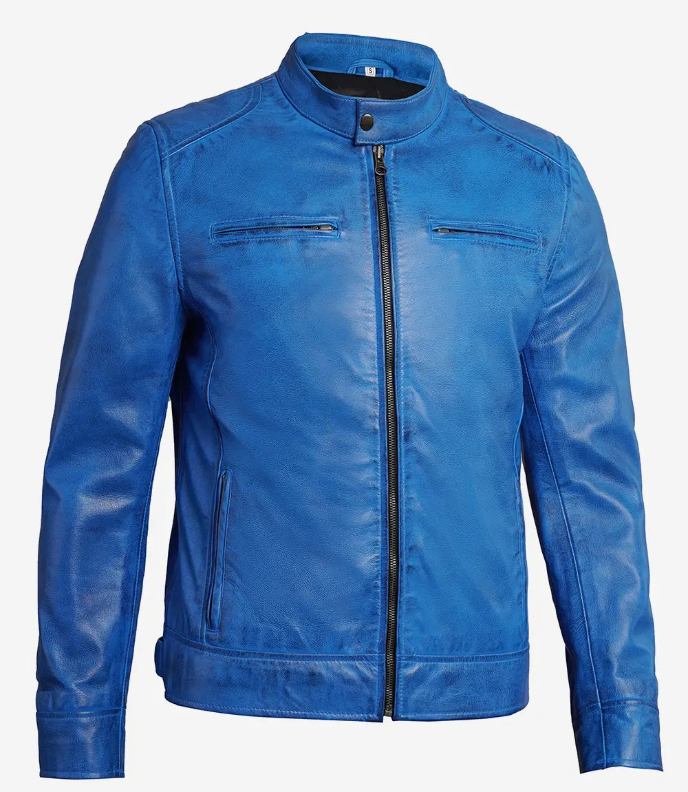 Men's blue leather biker jacket, chest pocket and collar detail