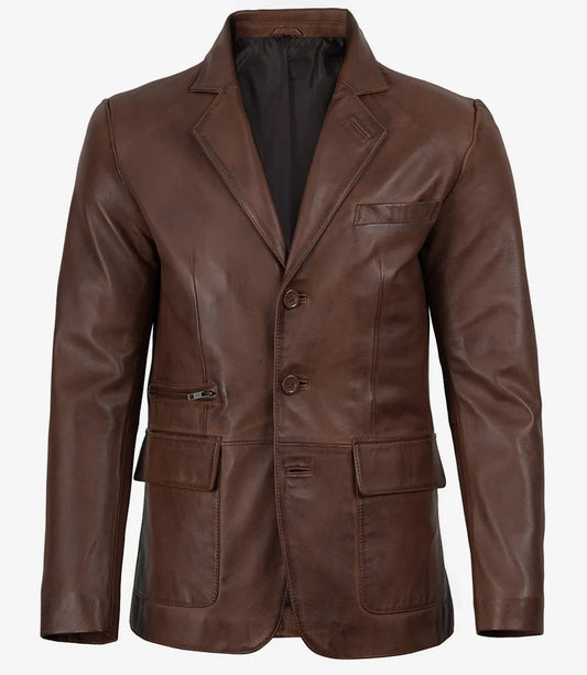 Earl men's brown leather blazer, front view, buttoned
