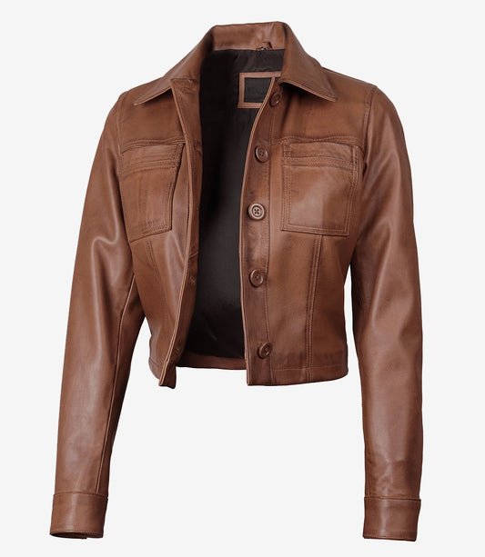 Angled open front view of Mila women's brown cropped leather trucker jacket with chest patch pockets