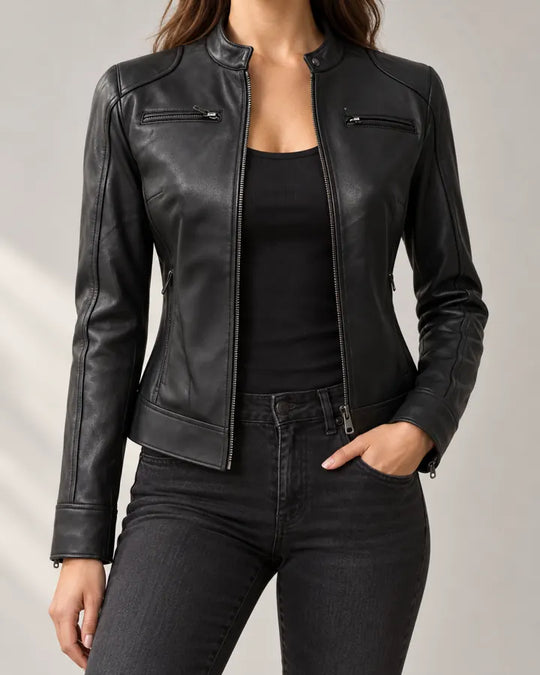 NSM black cafe racer jacket styled on a model, face outside frame