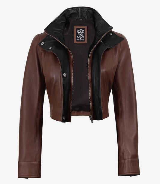 Rowan women's brown cropped leather jacket with black contrast collar, open front view