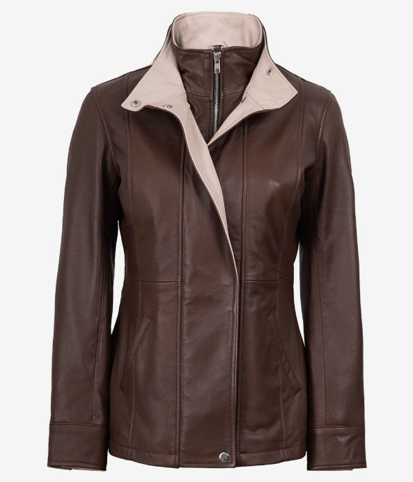 Women's dark brown leather jacket with beige collar, front view partly open
