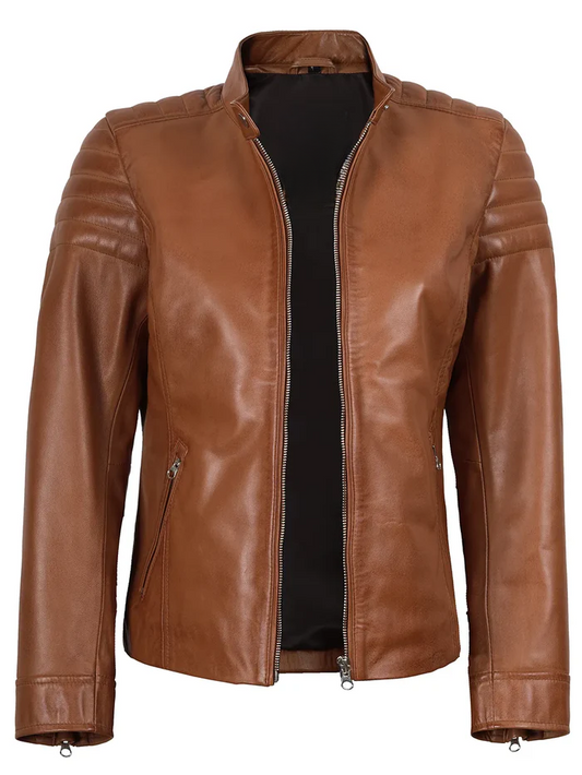 Luna Women's Tan Brown Cafe Racer Leather Jacket - Detail View