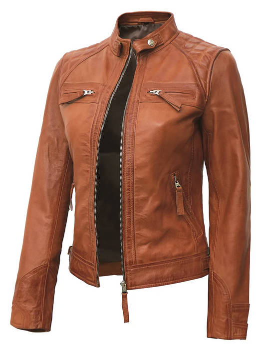 Sienna Women's Tan Biker Leather Jacket - Front View