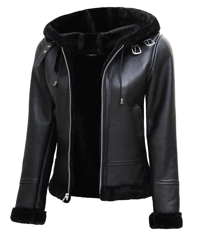 Ace Women's Black Hooded Shearling Biker Jacket - Detail View