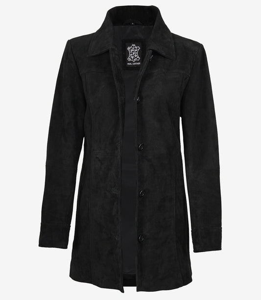 Women's Black Suede Car Coat - Front View