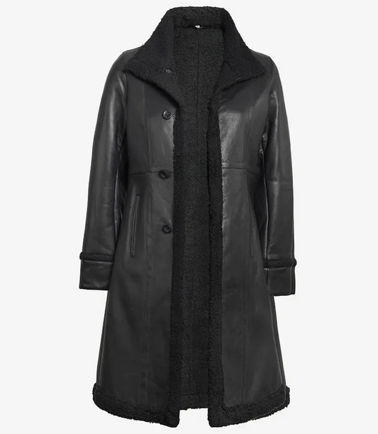 Winter Women's Black Shearling Leather Coat - Front View