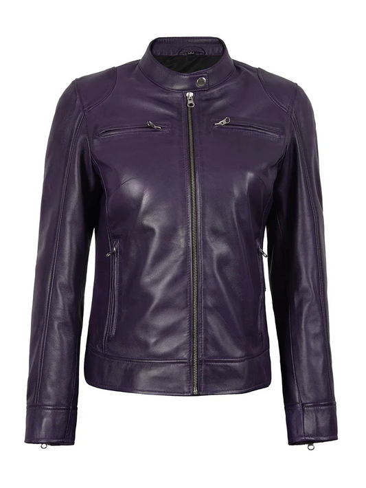 Aria Women's Purple Cafe Racer Leather Jacket - Front Closed View