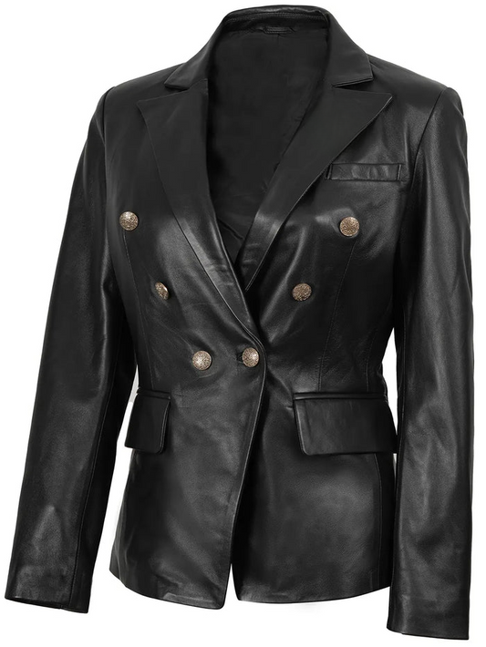 Duchess Women's Black Double-Breasted Leather Blazer - Front View