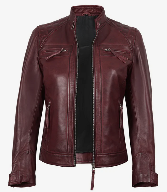 Scarlett Women's Maroon Cafe Racer Leather Jacket - Front Open View