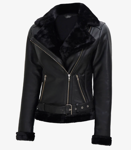 Frost Women's Black Shearling Biker Leather Jacket - Front View